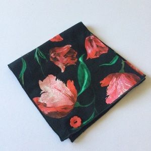 CLIFTON WILSON COTTON POCKET SQUARE BLACK WITH RED PINK GREEN TULIP FLORAL NWOT